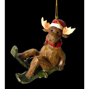 Moose Christmas Ornament Snowshoes Skiing Cross Country ? Wood NEW Folk Art